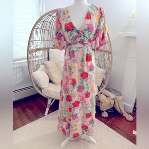 Old Navy Pink Floral Linen Blend Maxi Dress Women’s Size L Cutout Waist Boho